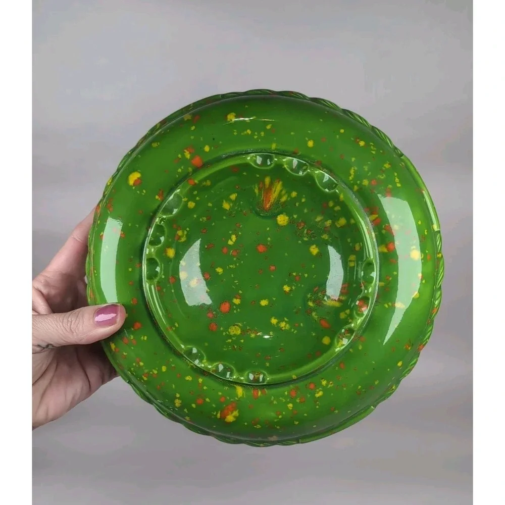 Gare 1974 Green W/Specks Of Orange Glaze Ceramic Ashtray USA Made 7.5